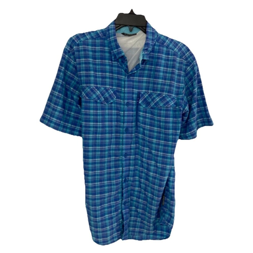 Men's ExOfficio Fishing Shirt Vented Short Sleeve Zip Pocket Blue Plaid Size Med